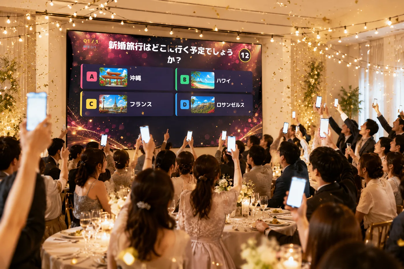 会場の大画面にクイズが映り、ゲストがスマートフォンを掲げて盛り上がっている結婚式二次会の様子